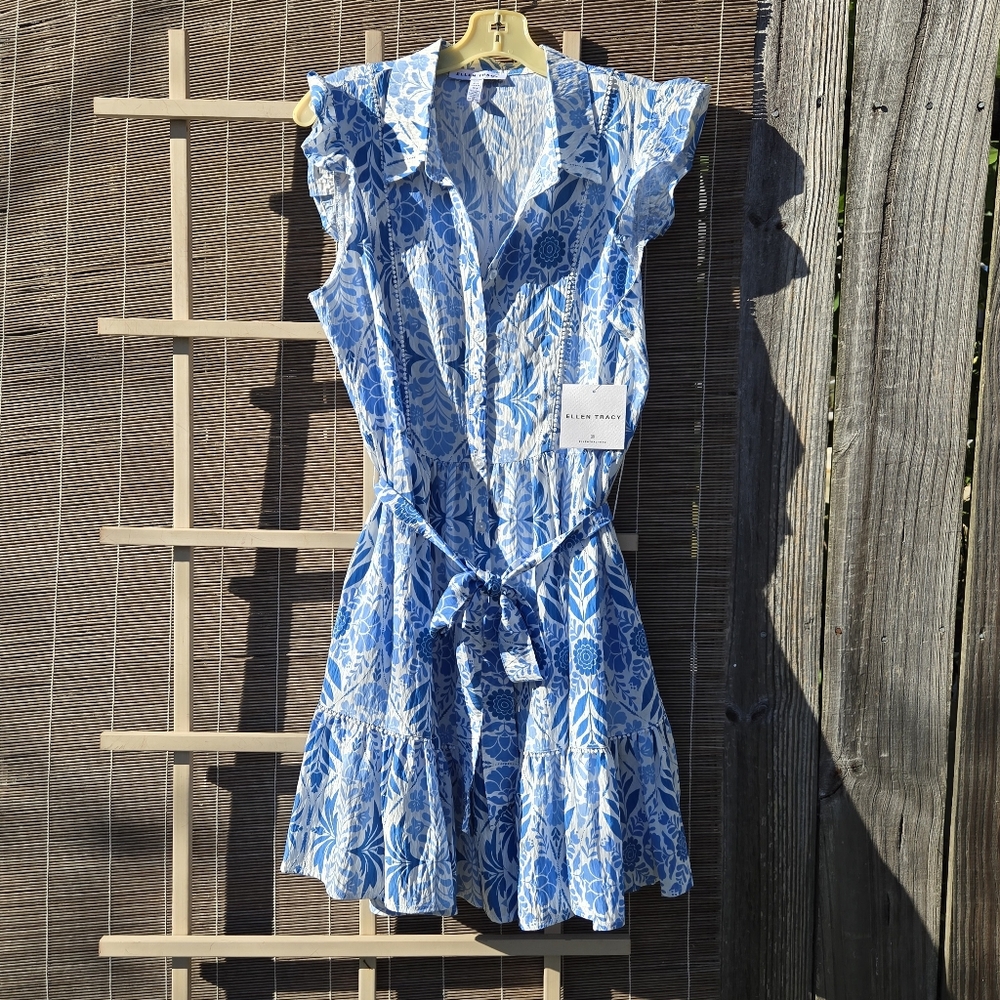 NEW Ellen Tracy Blue Vintage Floral Spring Dress M - Picture 3 of 11